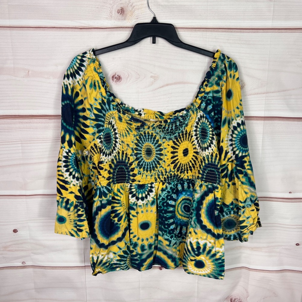 Terra & Sky Top Women 1X Yellow Tie Dye Blouse Smocked Square Neck Kimono Sleeve